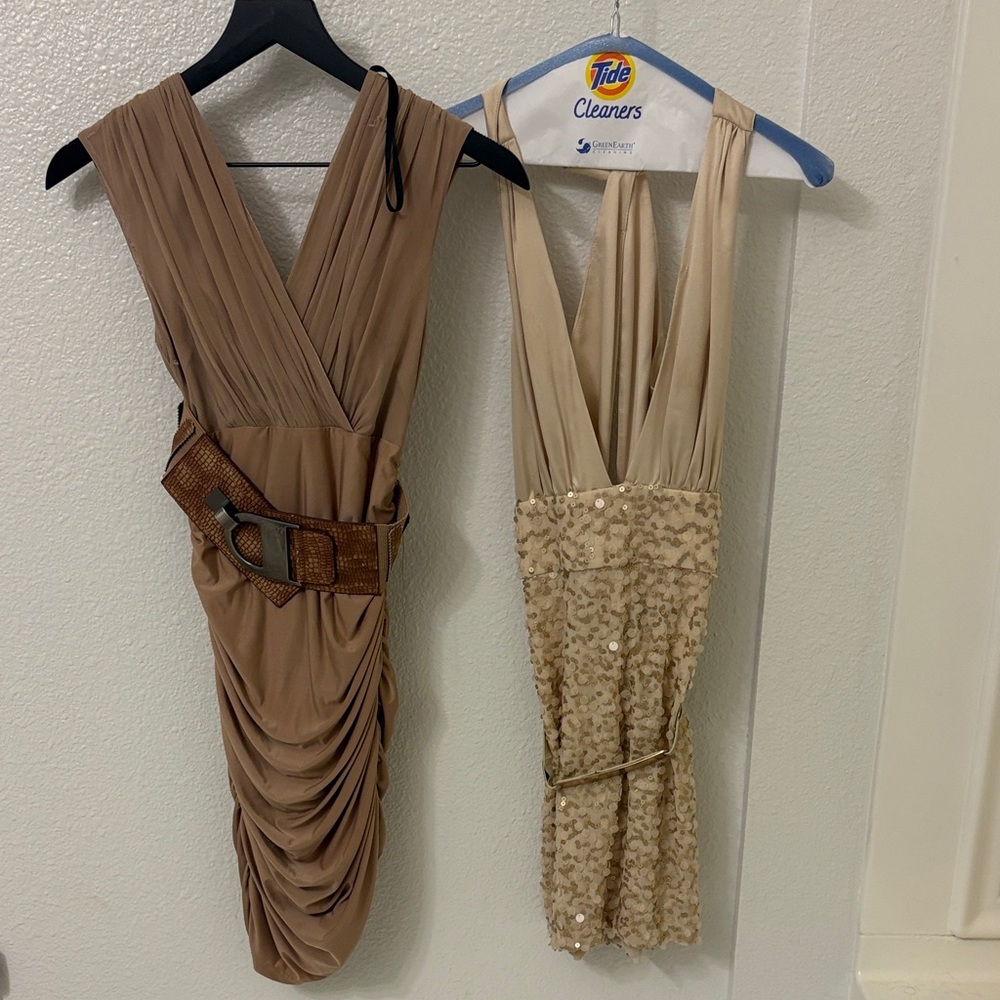 bebe Y2K Tan and Cream Backless Dresses